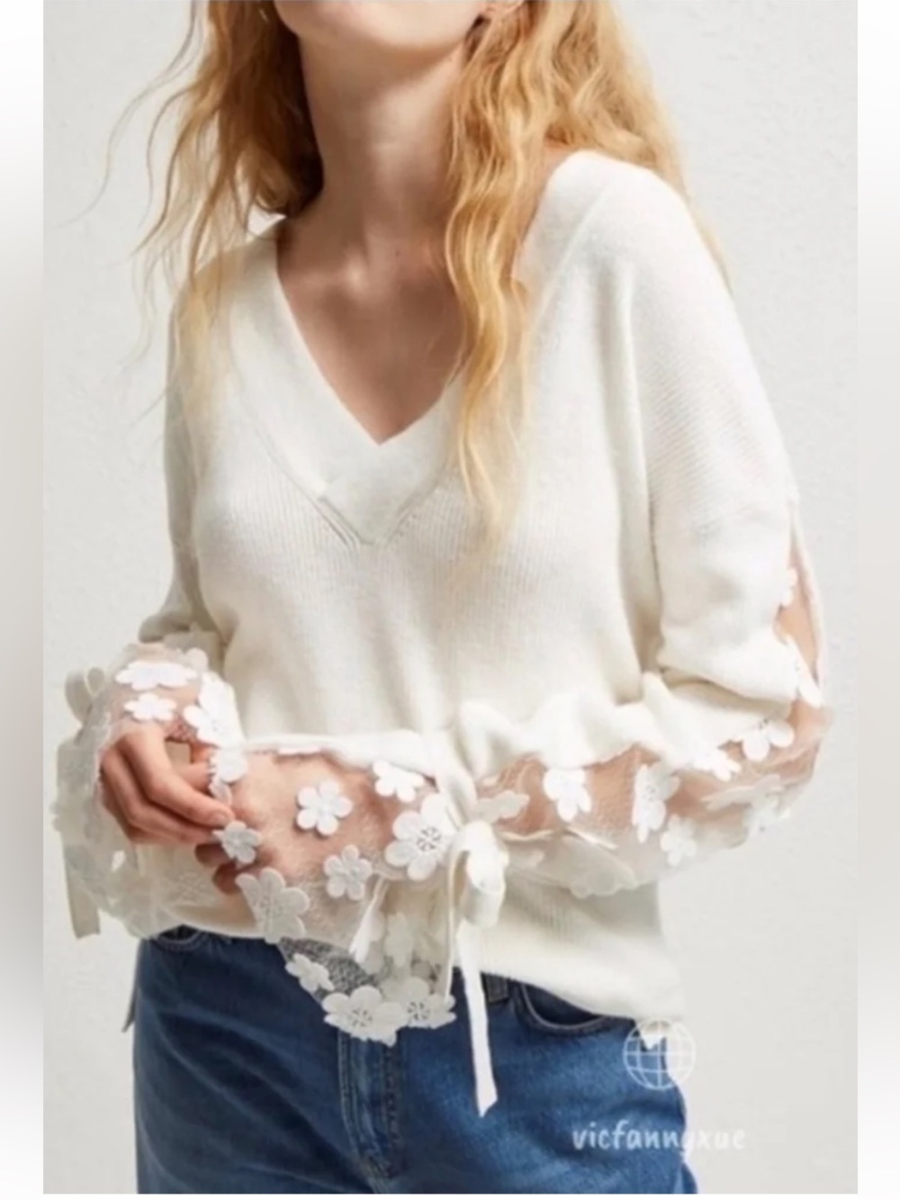 French Connection V-Neck Cotton Ribbed Knit Sheer Bell Sleeves Floral Appliqué S